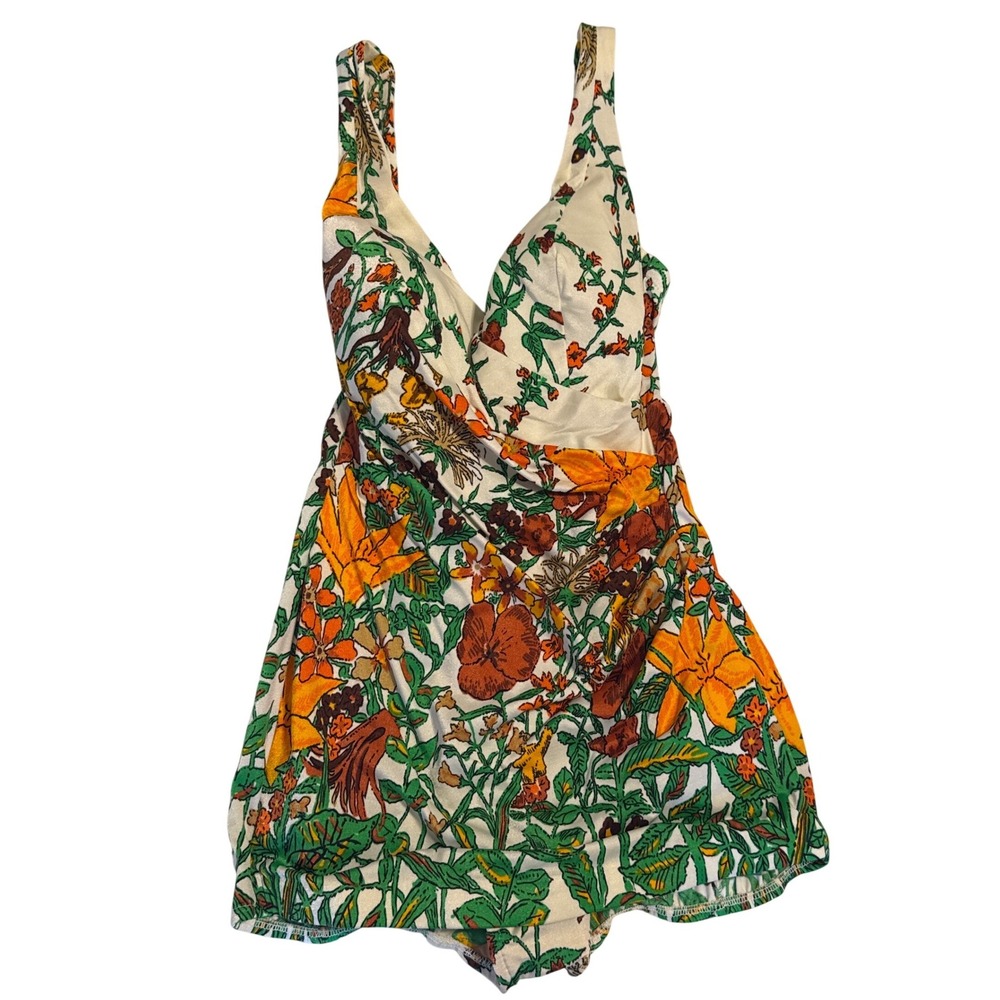 Sandcastle Vintage Swim Dress White Orange Tropical Floral Surplice One Piece